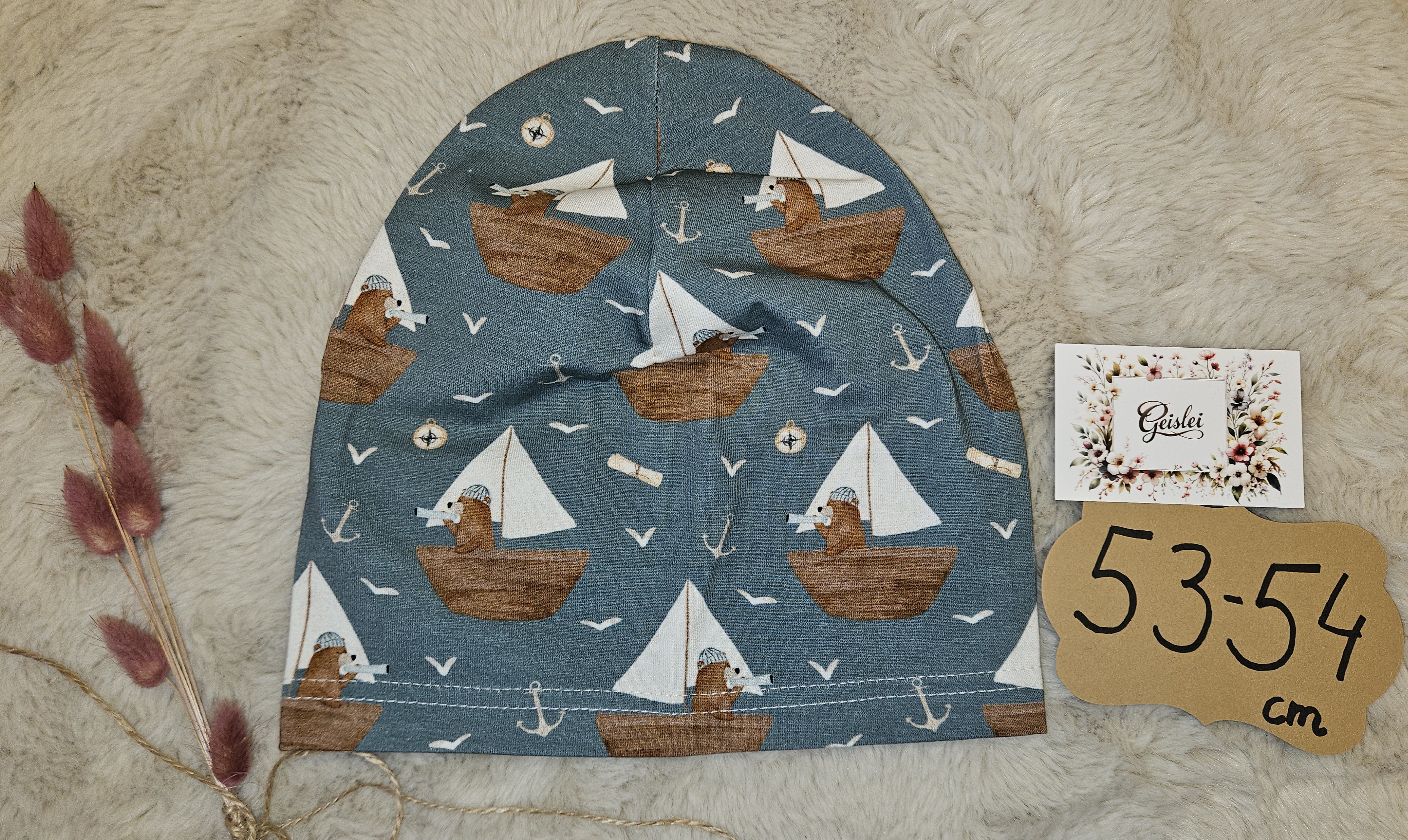 Beanie einlagig Bärchen im Boot - Größe 53/54cm