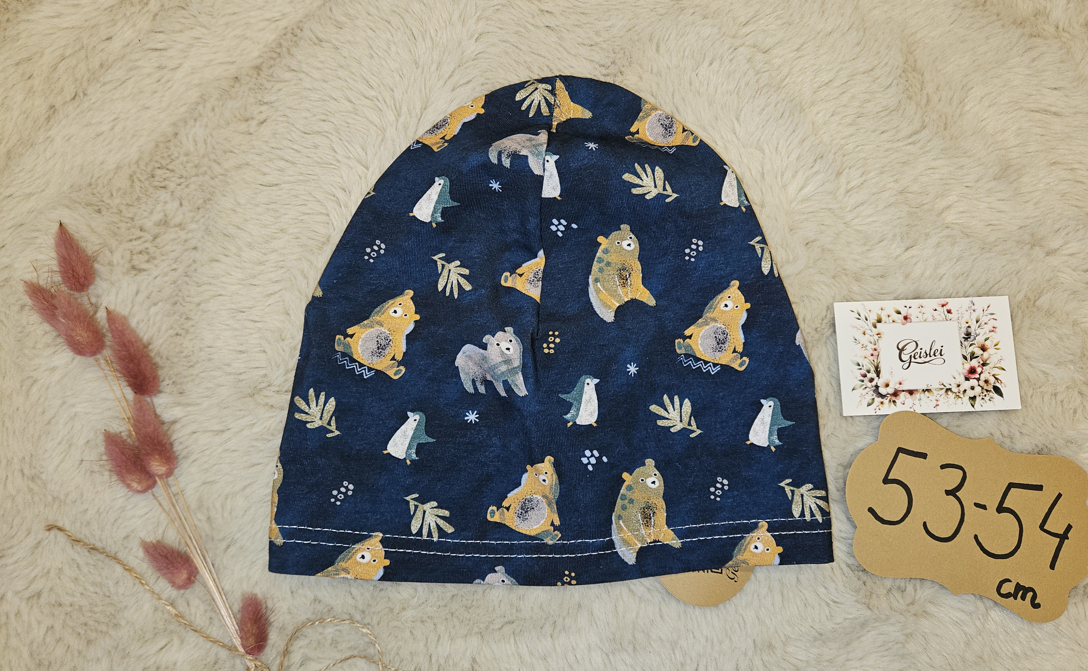 Beanie einlagig Bären & Pinguine - Größe 53/54cm
