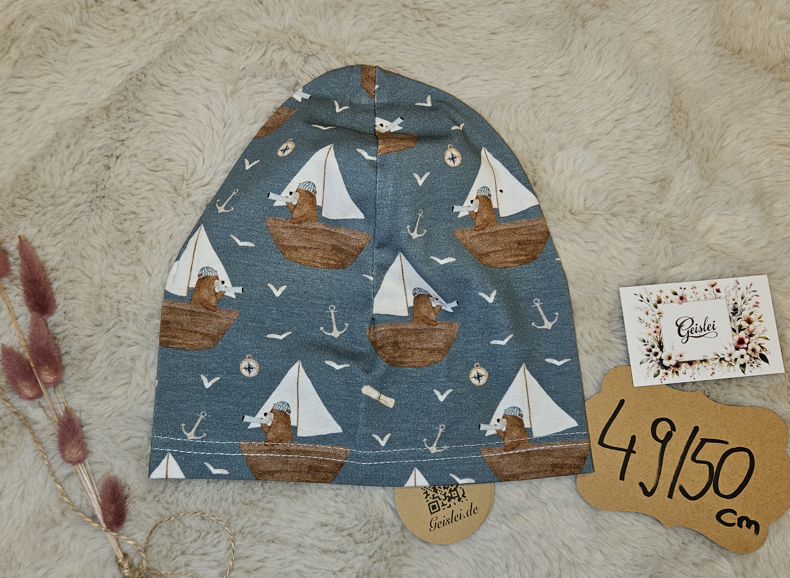 Beanie einlagig Bärchen im Boot - Größe 49/50 cm