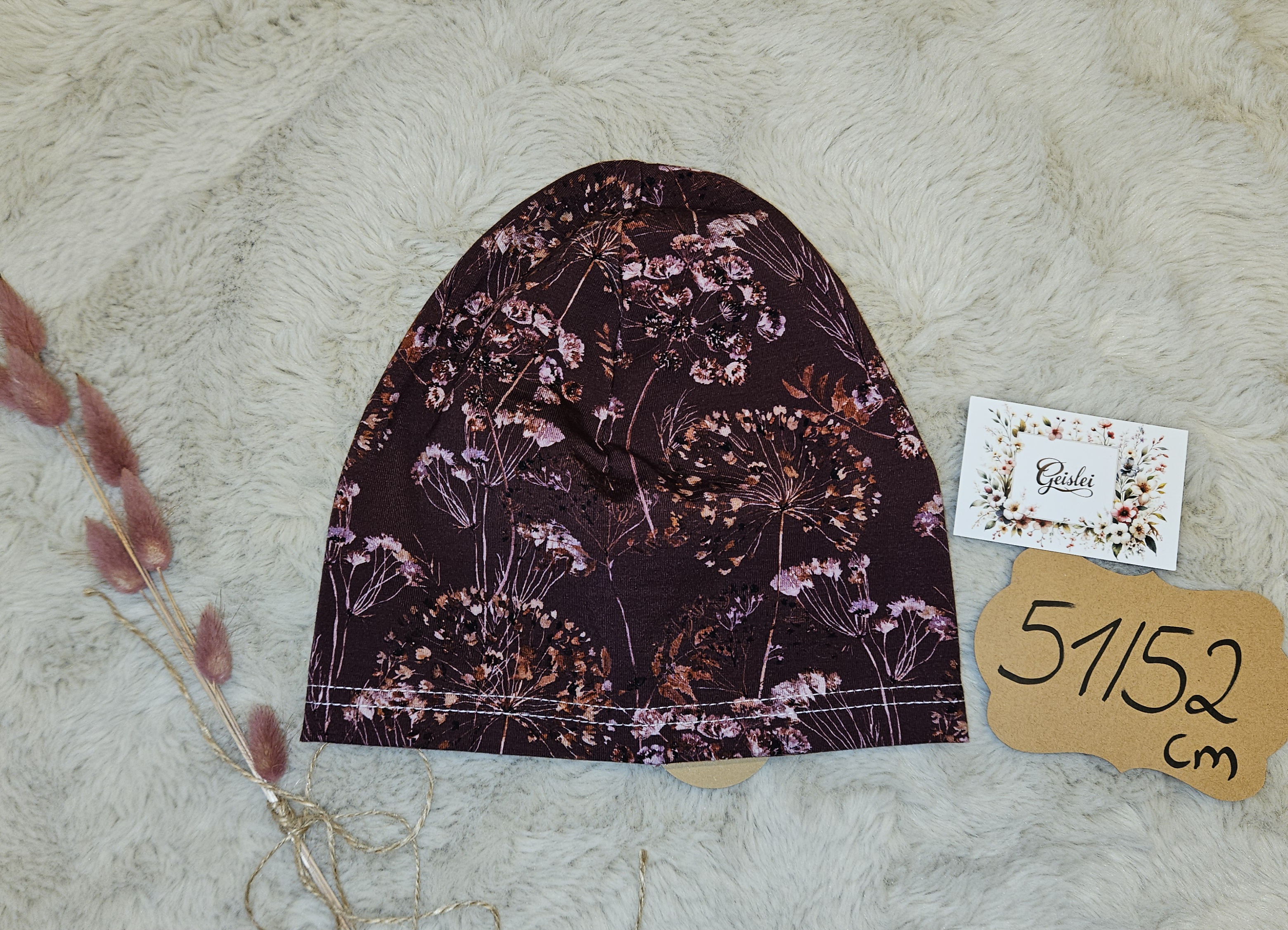 Beanie einlagig Floral Bordeaux - Größe 51/52 cm