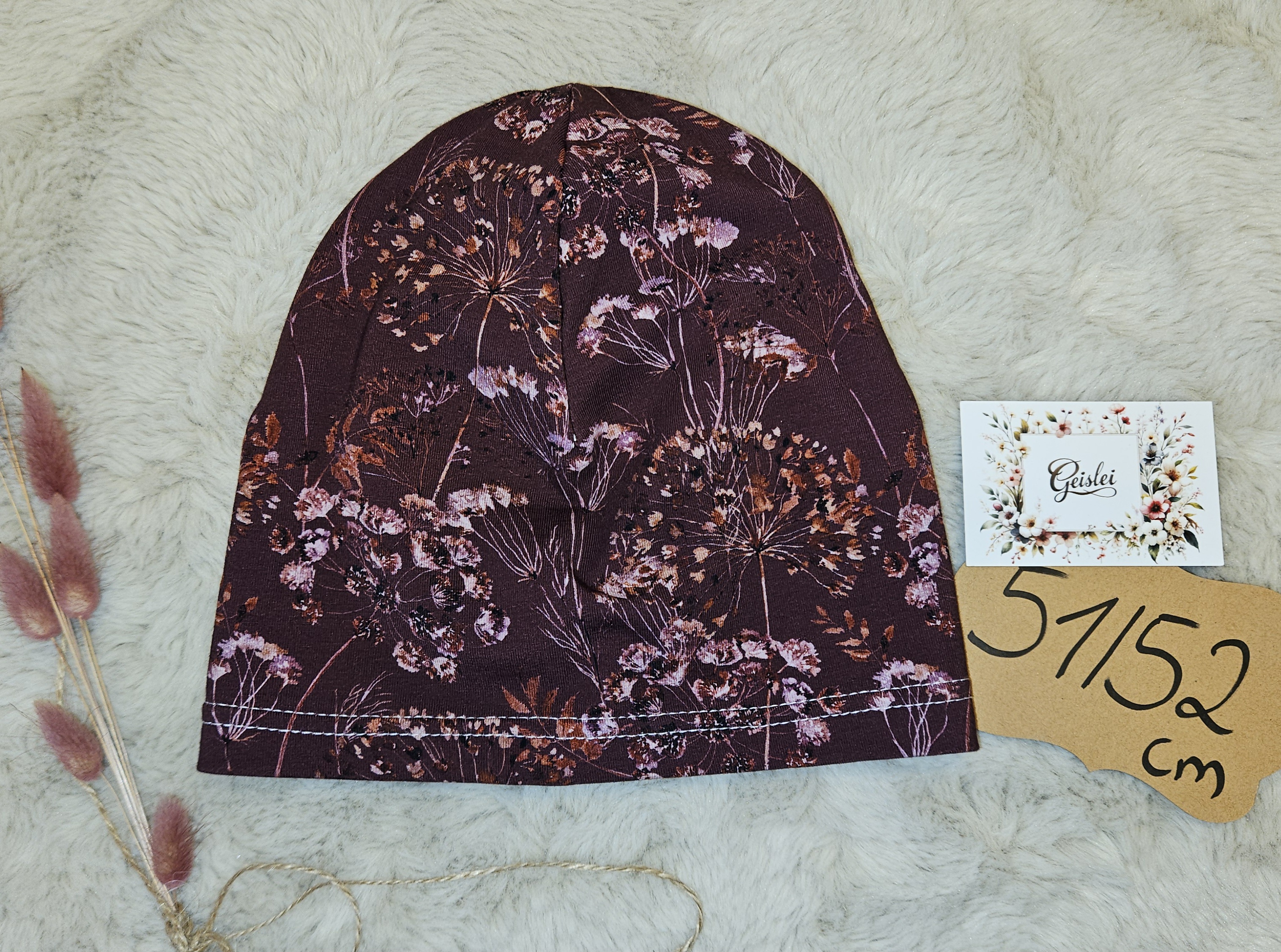 Beanie einlagig Floral Bordeaux - Größe 51/52 cm